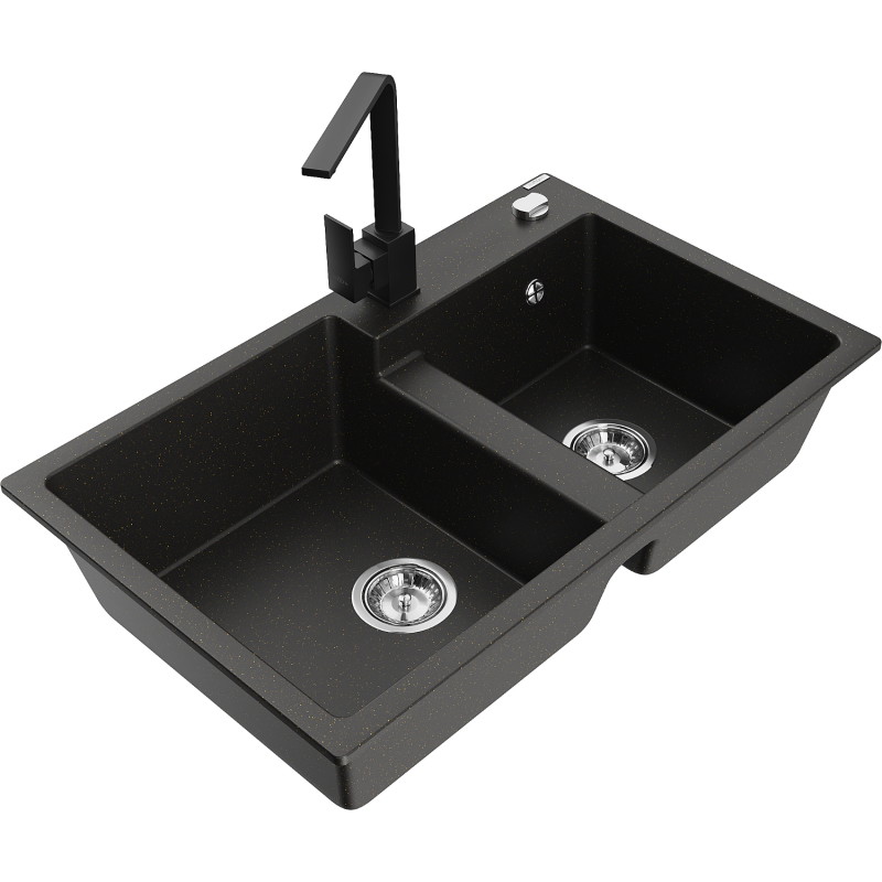Mexen Tomas granite double-bowl sink with Rita kitchen faucet, black/gold metallic - 6516-75-670300-70