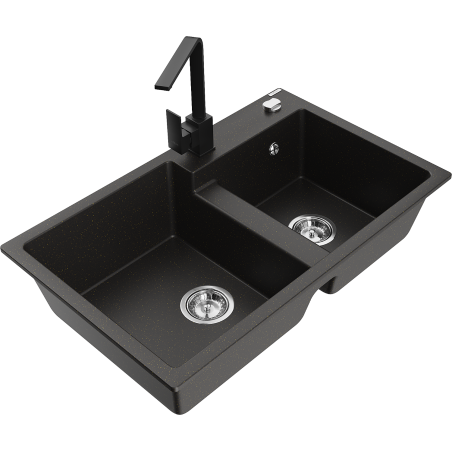 Mexen Tomas 2-bowl granite sink with Rita kitchen tap, black/golden metallic - 6516-75-670300-70