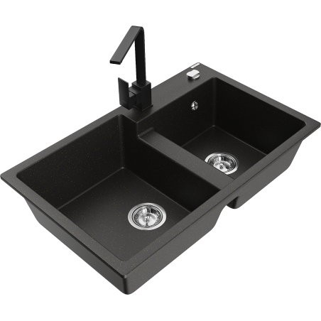 Mexen Tomas 2-chamber granite sink with kitchen faucet Rita, black/gold metallic - 6516-75-670300-70