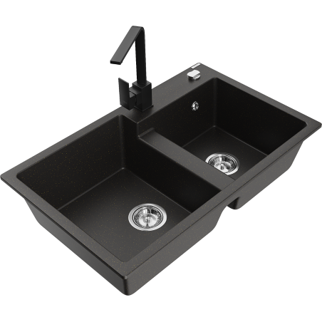 Mexen Tomas granite double-bowl sink with Rita kitchen faucet, black/gold metallic - 6516-75-670300-70
