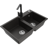 Mexen Tomas 2-bowl granite sink with Rita kitchen tap, black/golden metallic - 6516-75-670300-70