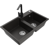 Mexen Tomas granite double-bowl sink with Rita kitchen faucet, black/gold metallic - 6516-75-670300-70