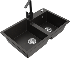 Mexen Tomas granite double-bowl sink with Rita kitchen faucet, black/gold metallic - 6516-75-670300-70