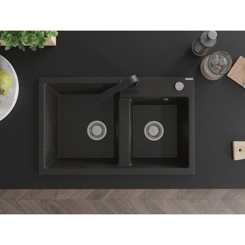 Mexen Tomas 2-chamber granite sink with kitchen faucet Rita, black/gold metallic - 6516-75-670300-70