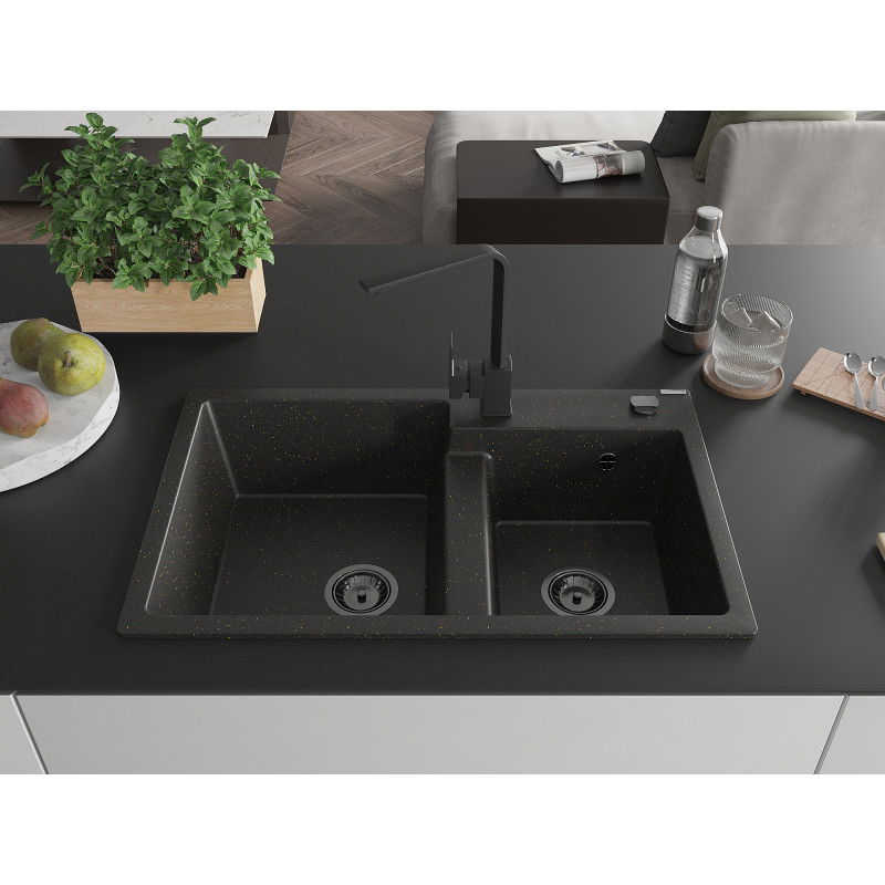 Mexen Tomas granite sink 2-bowl with kitchen tap Rita, black/gold metallic - 6516-75-670300-70-B