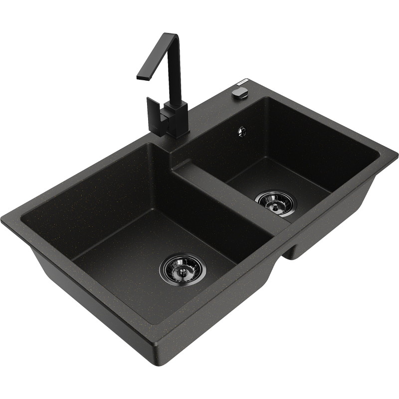 Mexen Tomas 2-chamber granite sink with Rita kitchen faucet, black/gold metallic - 6516-75-670300-70-B