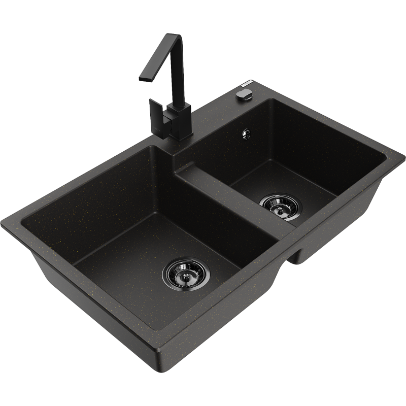 Mexen Tomas 2-compartment granite sink with a kitchen mixer tap Rita, Black/Gold metallic - 6516-75-670300-70-B