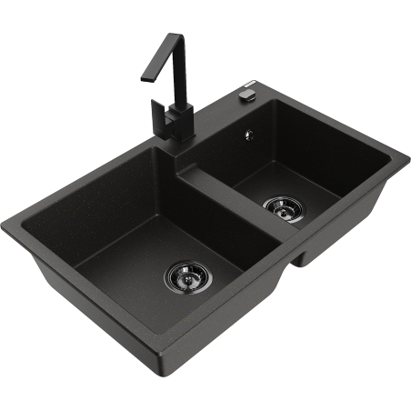 Mexen Tomas 2-chamber granite sink with Rita kitchen faucet, black/gold metallic - 6516-75-670300-70-B