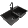Mexen Tomas granite sink 2-bowl with kitchen tap Rita, black/gold metallic - 6516-75-670300-70-B