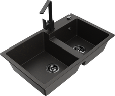 Mexen Tomas granite 2-bowl kitchen sink with Rita kitchen faucet, black/gold metallic - 6516-75-670300-70-B