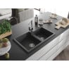 Mexen Tomas granite double-bowl sink with Rita kitchen faucet, speckled black - 6516-76-670300-00