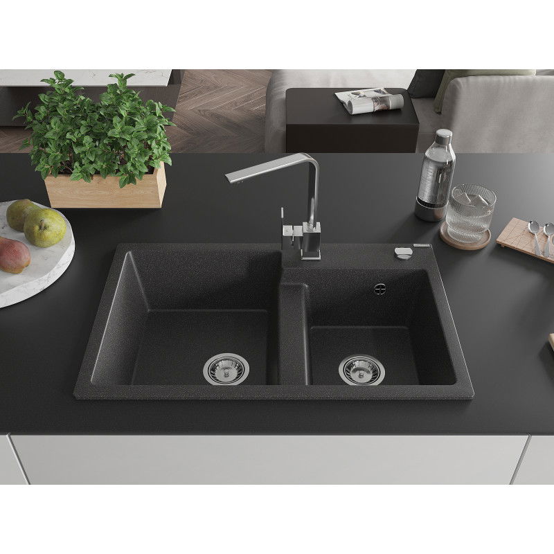 Mexen Tomas Granite Double-Bowl Sink with Rita Kitchen Tap, Speckled Black - 6516-76-670300-00