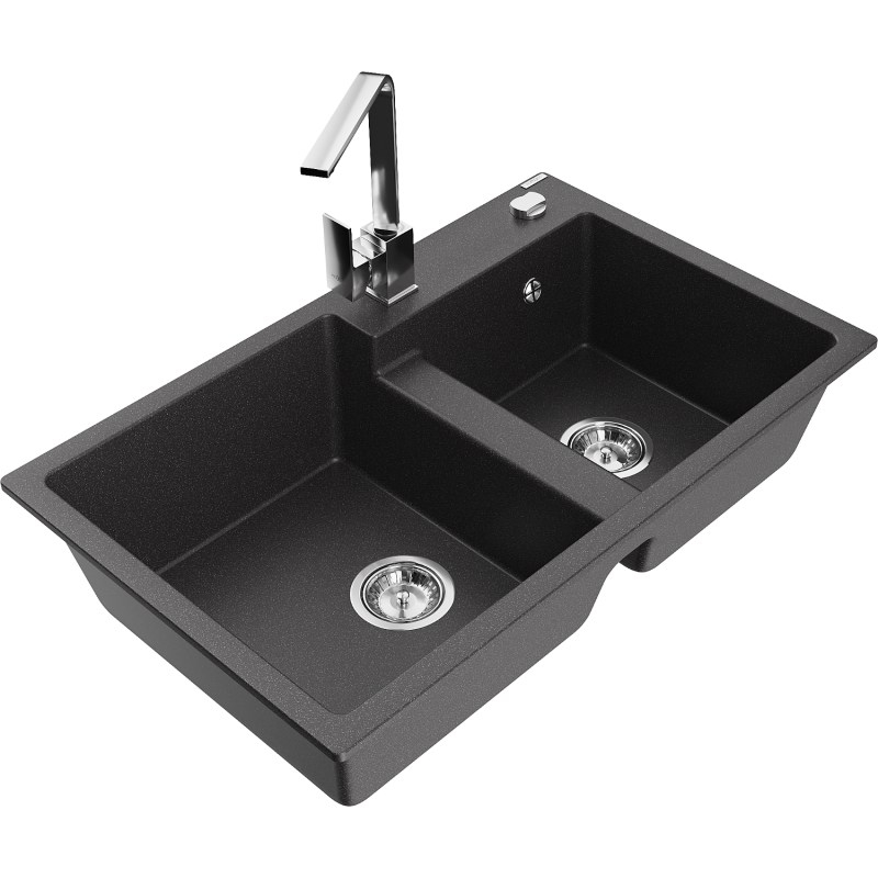 Mexen Tomas 2-compartment granite sink with a kitchen mixer tap Rita, spotted black - 6516-76-670300-00
