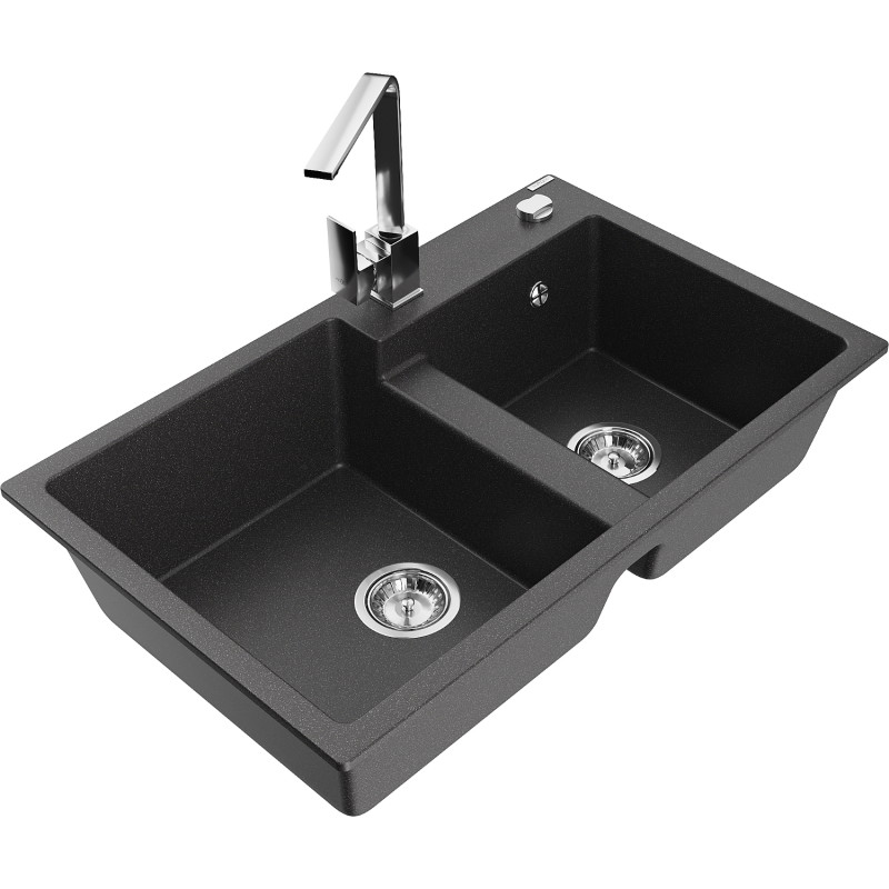 Mexen Tomas granite double-bowl sink with Rita kitchen faucet, speckled black - 6516-76-670300-00