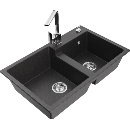 Mexen Tomas 2-compartment granite sink with a kitchen mixer tap Rita, spotted black - 6516-76-670300-00