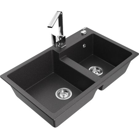 Mexen Tomas granite double-bowl sink with Rita kitchen faucet, speckled black - 6516-76-670300-00