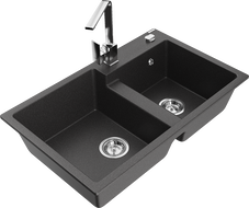 Mexen Tomas granite double-bowl sink with Rita kitchen faucet, speckled black - 6516-76-670300-00