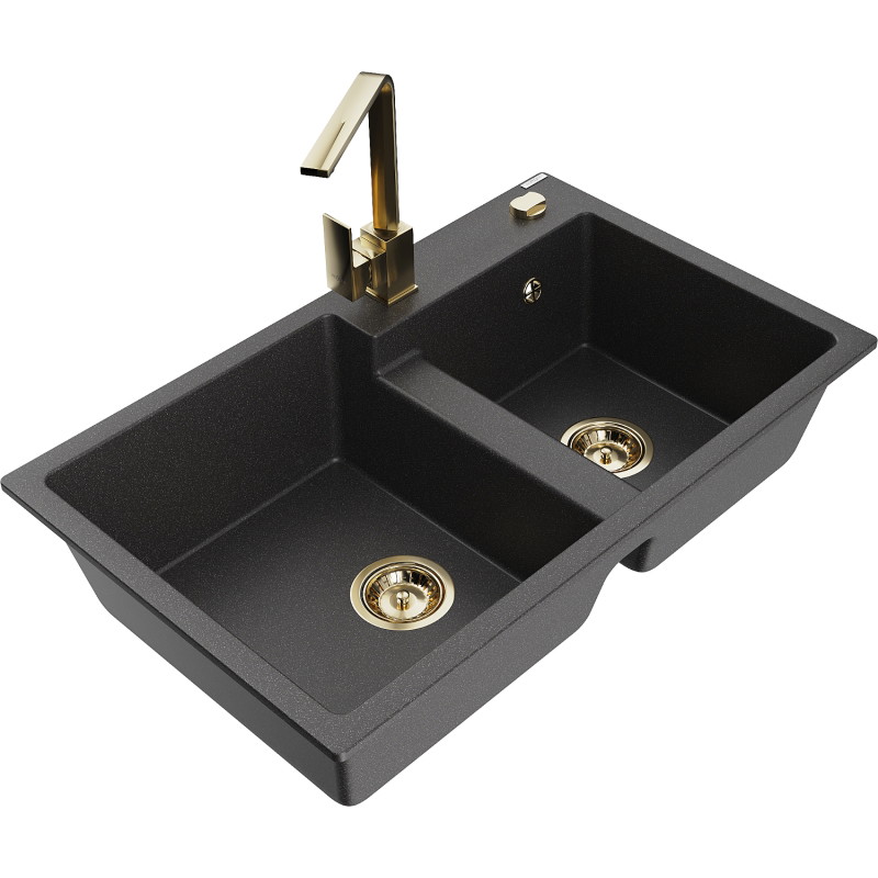 Mexen Tomas 2-Bowl Granite Kitchen Sink with Rita Faucet, Black Speckled - 6516-76-670300-50