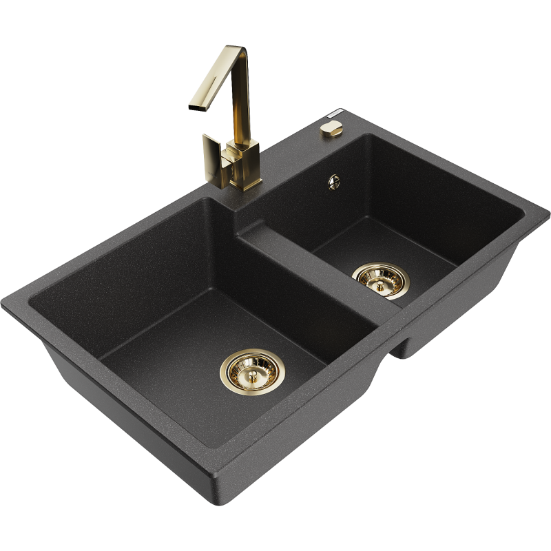 Mexen Tomas 2-compartment granite sink with a kitchen mixer tap Rita, spotted black - 6516-76-670300-50