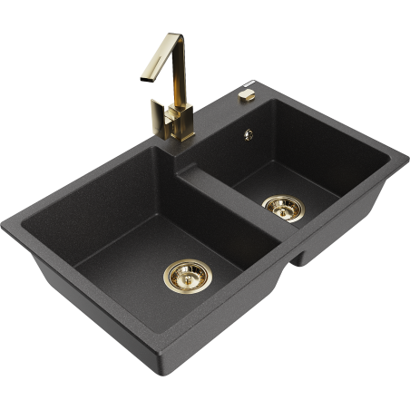 Mexen Tomas 2-Bowl Granite Sink with Rita Kitchen Faucet, Speckled Black - 6516-76-670300-50