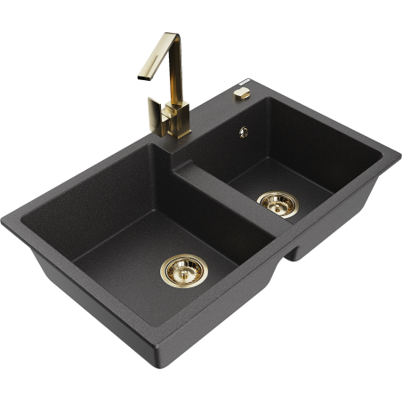 Mexen Tomas 2-Bowl Granite Sink with Rita Kitchen Tap, Speckled Black - 6516-76-670300-50
