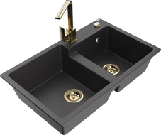 Mexen Tomas 2-Bowl Granite Sink with Rita Kitchen Faucet, Speckled Black - 6516-76-670300-50