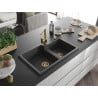 Mexen Tomas 2-Bowl Granite Sink with Rita Kitchen Tap, Speckled Black - 6516-76-670300-50