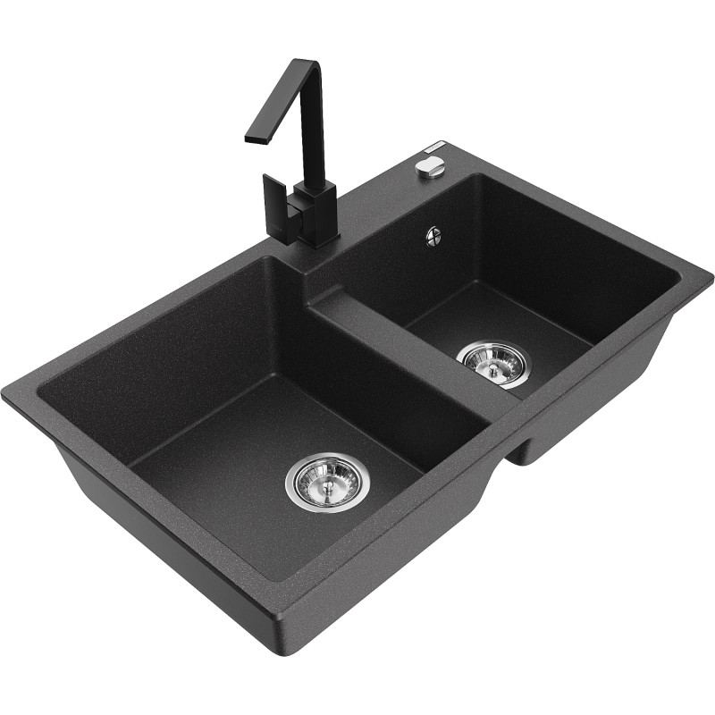 Mexen Tomas granite kitchen sink 2-bowl with Rita faucet, speckled black - 6516-76-670300-70
