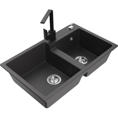 Mexen Tomas 2-chamber granite sink with Rita kitchen faucet, black speckled - 6516-76-670300-70