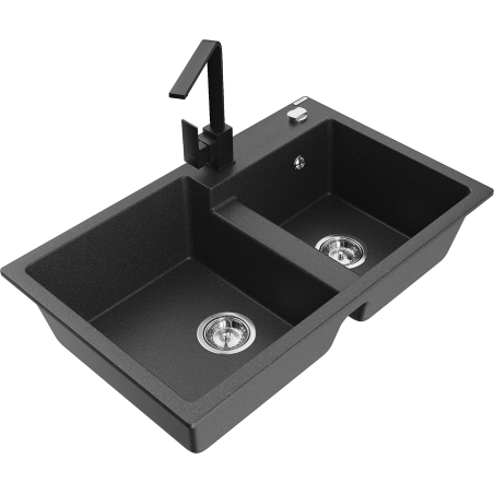 Mexen Tomas granite kitchen sink 2-bowl with Rita faucet, speckled black - 6516-76-670300-70