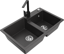 Mexen Tomas granite kitchen sink 2-bowl with Rita faucet, speckled black - 6516-76-670300-70