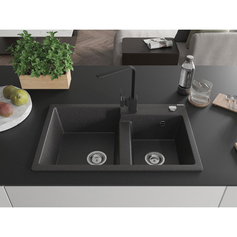 Mexen Tomas granite 2-bowl sink with Rita kitchen tap, speckled black - 6516-76-670300-70