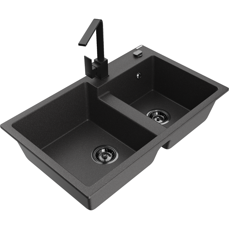 Mexen Tomas 2-compartment granite sink with a kitchen mixer tap Rita, spotted black - 6516-76-670300-70-B