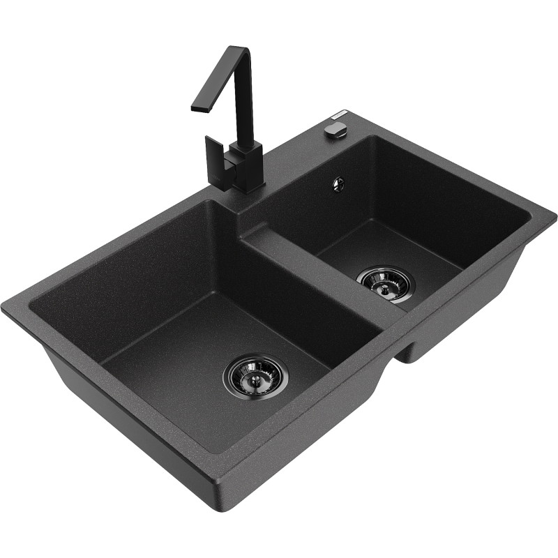 Mexen Tomas granite double-bowl sink with Rita kitchen faucet, speckled black - 6516-76-670300-70-B