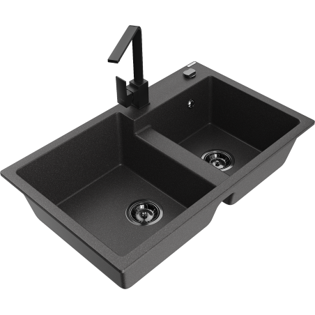 Mexen Tomas granite double-bowl kitchen sink with Rita faucet, black speckled - 6516-76-670300-70-B