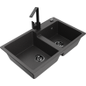 Mexen Tomas granite double-bowl kitchen sink with Rita faucet, black speckled - 6516-76-670300-70-B