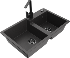 Mexen Tomas granite sink 2-bowl with Rita kitchen tap, speckled black - 6516-76-670300-70-B