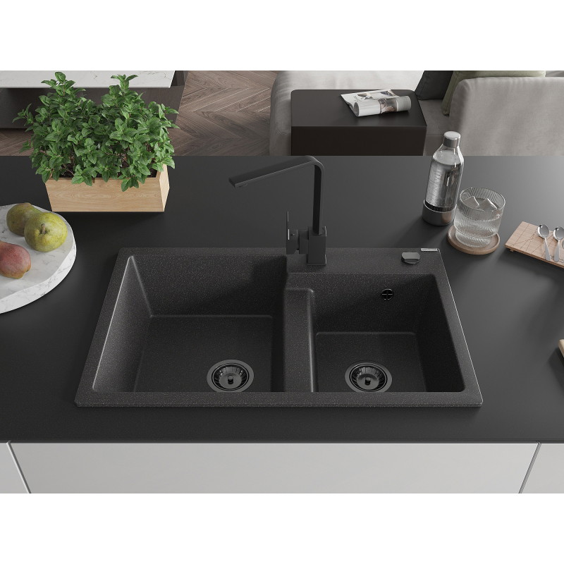 Mexen Tomas granite double-bowl kitchen sink with Rita faucet, black speckled - 6516-76-670300-70-B
