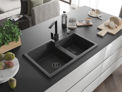 Mexen Tomas granite double-bowl sink with Rita kitchen faucet, speckled black - 6516-76-670300-70-B