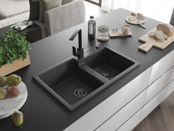 Mexen Tomas granite sink 2-bowl with Rita kitchen tap, speckled black - 6516-76-670300-70-B