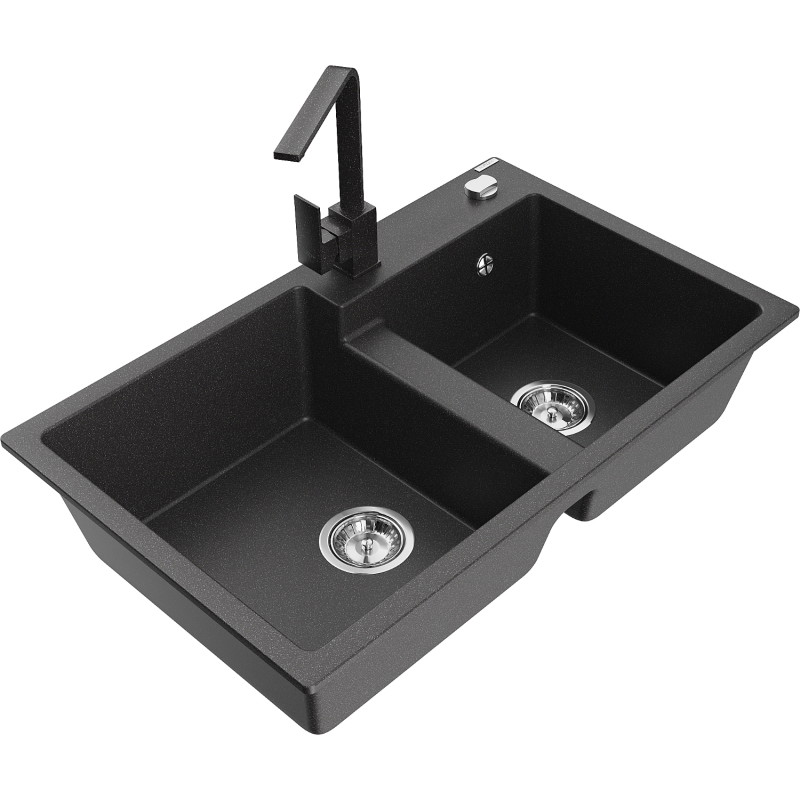 Mexen Tomas 2-bowl granite sink with Rita kitchen faucet, speckled black - 6516-76-670300-76