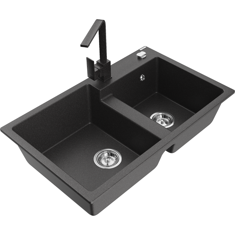 Mexen Tomas 2-compartment granite sink with a kitchen mixer tap Rita, spotted black - 6516-76-670300-76