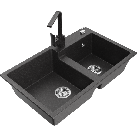 Mexen Tomas 2-bowl granite sink with Rita kitchen faucet, speckled black - 6516-76-670300-76