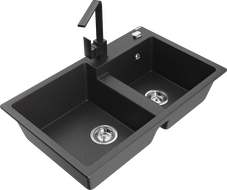 Mexen Tomas 2-bowl granite sink with Rita kitchen faucet, speckled black - 6516-76-670300-76