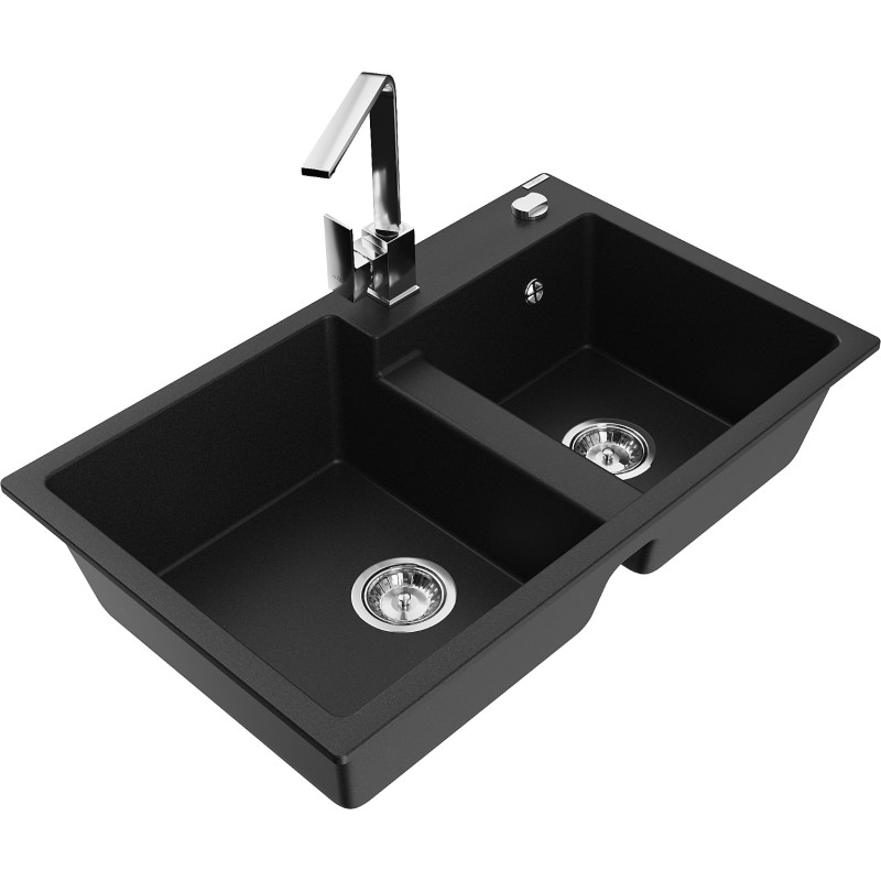 Mexen Tomas granite double bowl sink with Rita kitchen faucet, black - 6516-77-670300-00