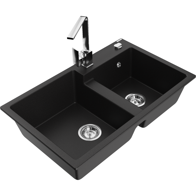 Mexen Tomas granite sink with 2 bowls and Rita kitchen tap, black - 6516-77-670300-00