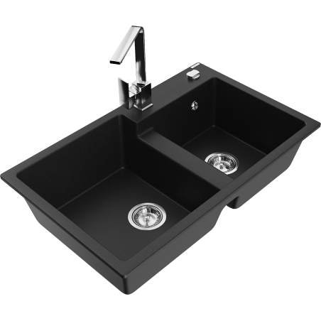 Mexen Tomas granite sink with 2 bowls and Rita kitchen tap, black - 6516-77-670300-00