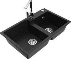Mexen Tomas granite double-bowl sink with kitchen faucet Rita, black - 6516-77-670300-00