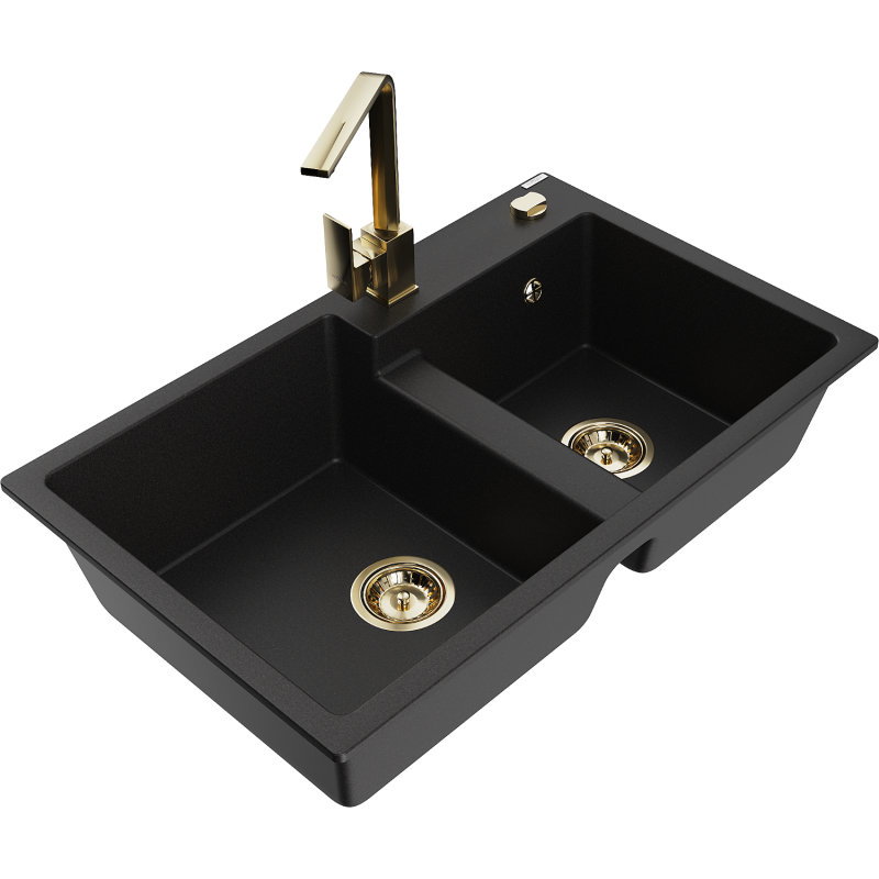 Mexen Tomas 2-compartment granite sink with a kitchen mixer tap Rita, Black - 6516-77-670300-50