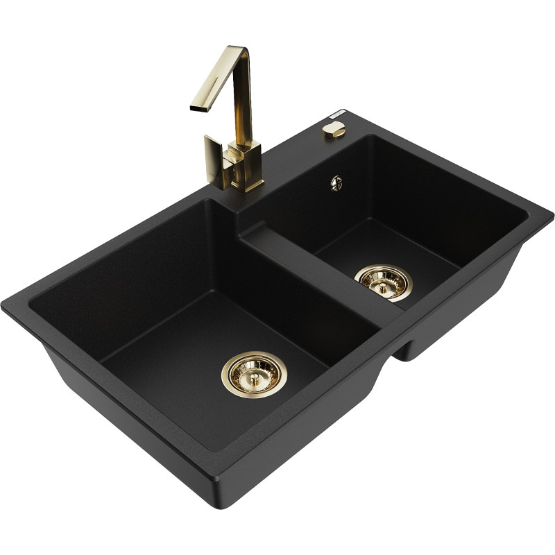 Mexen Tomas granite kitchen sink 2-bowl with Rita kitchen faucet, black - 6516-77-670300-50